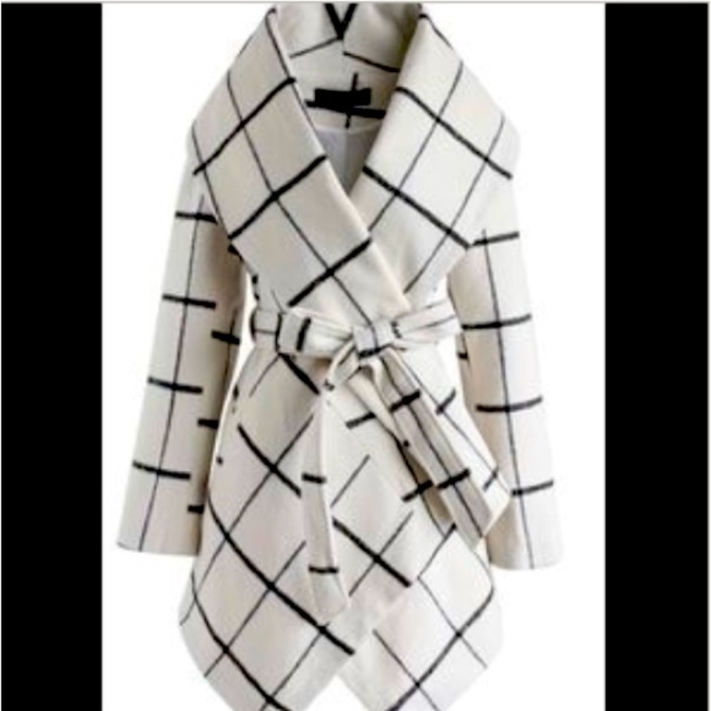 white with black plaid wrap coat with belt. New never worn